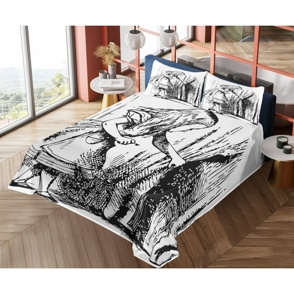 Ambesonne Cartoon Fitted & Top Sheet Set with Shams, Adventure, Black White