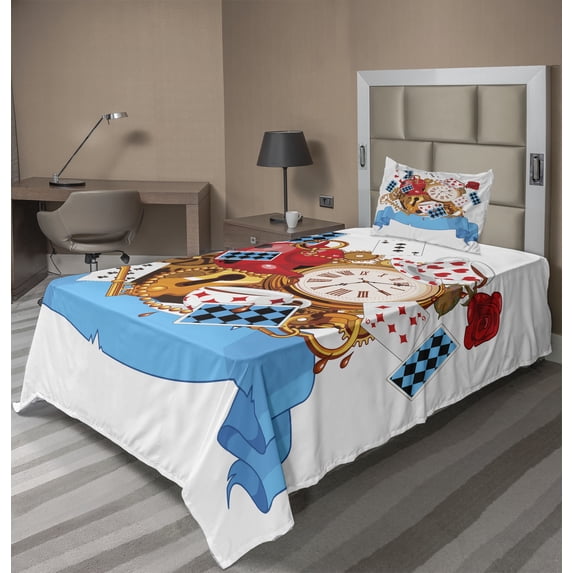 Ambesonne Cartoon Fitted & Top Sheet Set with Sham, Fantasy World Cards Clocks, Multicolor
