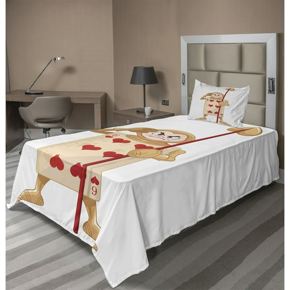 Ambesonne Cartoon Fitted & Top Sheet Set with Sham, Playing Card Illustration, Pale Brown Ecru and Red