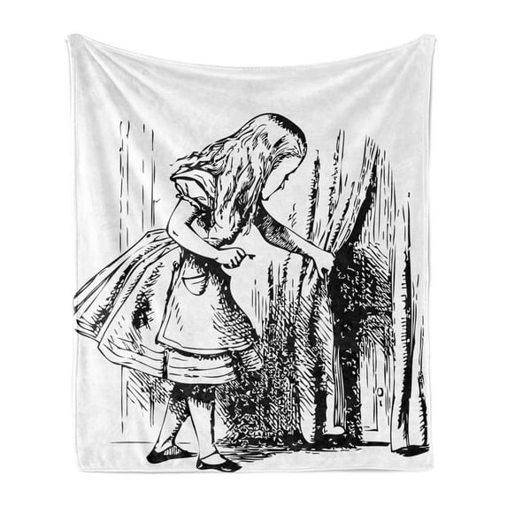 Alice in Wonderland Soft Flannel Fleece Blanket, Black and White Alice Looking Through Curtains Hidden Door Adventure, Cozy Plush for Indoor and Outdoor Use, 60" x 80", Black White, by Ambesonne