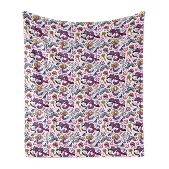 Alice in Wonderland Soft Flannel Fleece Throw Blanket, Fantasy World Fairy Tale Concept Hand-Drawn Caterpillar Cat Rabbit, Cozy Plush for Indoor and Outdoor Use, 70" x 90", Multicolor, by Ambesonne