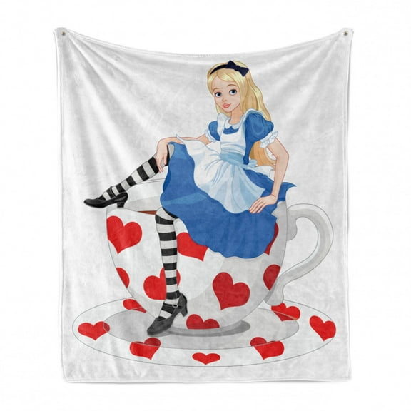 Alice in Wonderland Soft Flannel Fleece Throw Blanket, Girl Sitting on a Tea Cup Heart Shape Character Fantasy Tale, Cozy Plush for Indoor and Outdoor Use, 50" x 70", Multicolor, by Ambesonne