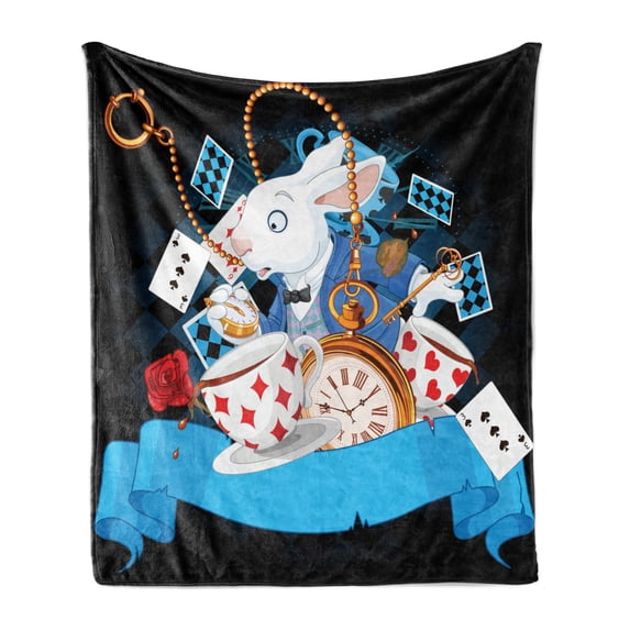 Alice in Wonderland Soft Flannel Fleece Throw Blanket, Rabbit Motion Cups Hearts and Flower Character Alice Cartoon Style, Cozy Plush for Indoor and Outdoor Use, 50" x 70", Multicolor, by Ambesonne