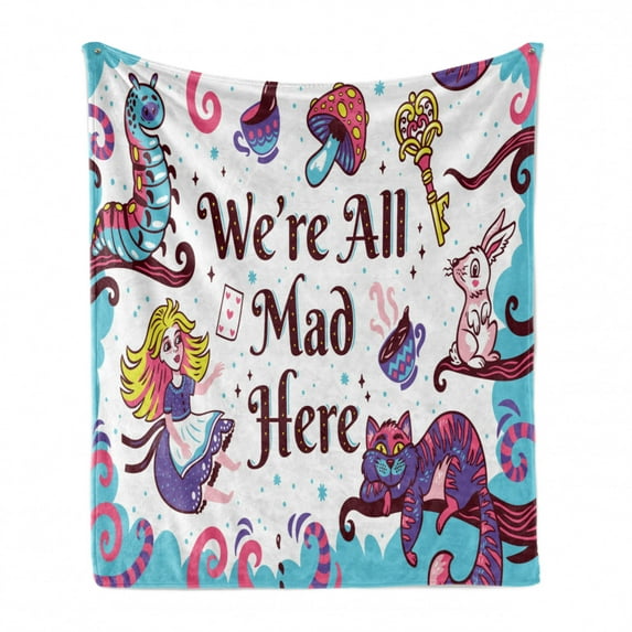 Alice in Wonderland Soft Flannel Fleece Throw Blanket, We Are All Mad Here Words with Caterpillar White Rabbit Cheshire Cat, Cozy Plush for Indoor and Outdoor Use, 50" x 70", Multicolor, by Ambesonne