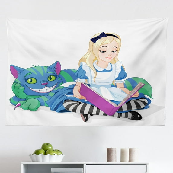 Alice in Wonderland Tapestry, Black and White Alice Looking Through Curtains Hidden Door Adventure, Fabric Wall Hanging Decor for Bedroom Living Room Dorm, 2 Sizes, Black White, by Ambesonne