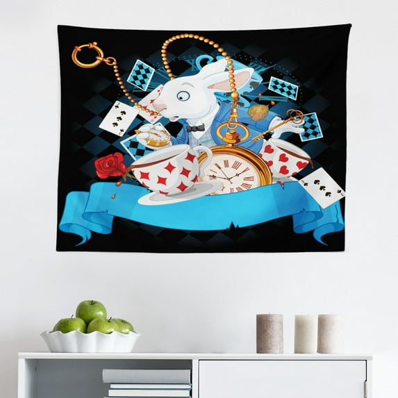 Alice in Wonderland Tapestry, Alice Sitting on Branch and Chescire Cat in Darkness Cartoon Style, Fabric Wall Hanging Decor for Bedroom Living Room Dorm, 2 Sizes, Multicolor, by Ambesonne