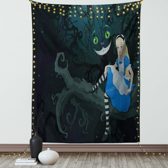 Alice in Wonderland Tapestry, Alice Sitting on Branch and Chescire Cat in Darkness Cartoon Style, Wall Hanging for Bedroom Living Room Dorm Decor, 40W X 60L Inches, Multicolor, by Ambesonne