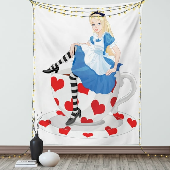 Alice in Wonderland Tapestry, Alice Sitting on a Tea Cup with Heart Shape Character Fantasy Tale, Wall Hanging for Bedroom Living Room Dorm Decor, 60W X 80L Inches, Multicolor, by Ambesonne