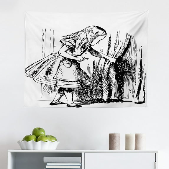 Alice in Wonderland Tapestry, Welcome Wonderland Black and White Floor Landscape Mushroom Lantern, Fabric Wall Hanging Decor for Bedroom Living Room Dorm, 2 Sizes, Multicolor, by Ambesonne