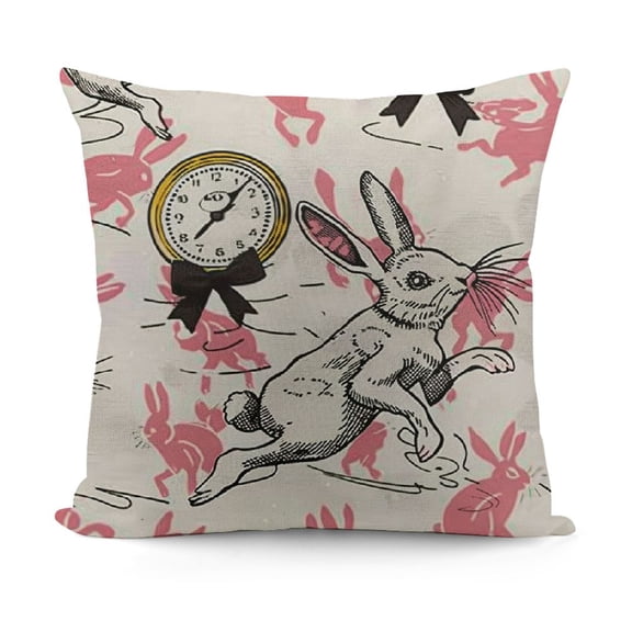 Alice in Wonderland Throw Pillow Cushion Case, White Rabbit Dancing in The Sky Fantasy World and Alice Theme, Decorative Square Accent Pillow Cover,Pink Black Yellow