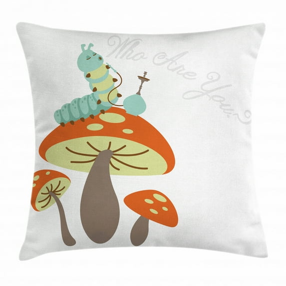 Alice in Wonderland Throw Pillow Cushion Cover, Hookah Smoking Caterpillar Sitting on a Mushroom and Asking Who are You, Decorative Square Accent Pillow Case, 20 X 20 Inches, Multicolor, by Ambesonne