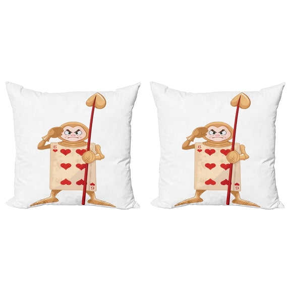 Ambesonne Cartoon Throw Pillow Cover 2 Pack, Playing Card, 18", Ecru Pale Brown Red