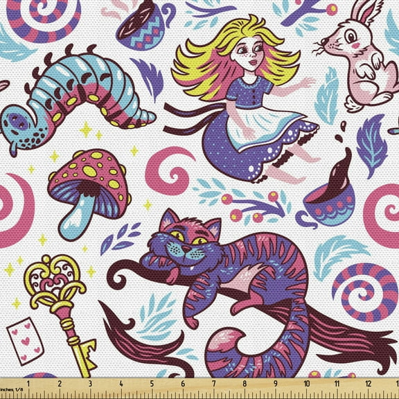 Alice in Wonderland Upholstery Fabric by the Yard, Fantasy World Concept Hand-Drawn Caterpillar Cat Rabbit, Decorative Fabric for DIY and Home Accents, 2 Yards, Multicolor by Ambesonne