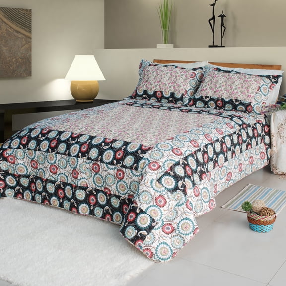 Alice and Flower Cotton 3PC Vermicelli-Quilted Patchwork Quilt Set (King Size)