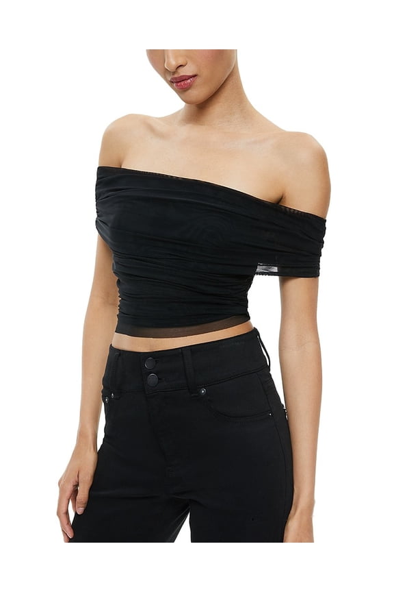 Alice and Olivia Isadola Off-the-Shoulder Ruched Black Top, Women's XL