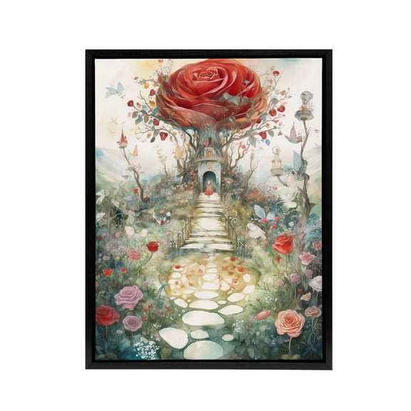 Alice in Rose Garden at Wonderland Black Framed Canvas Wall Art Print 18X24"