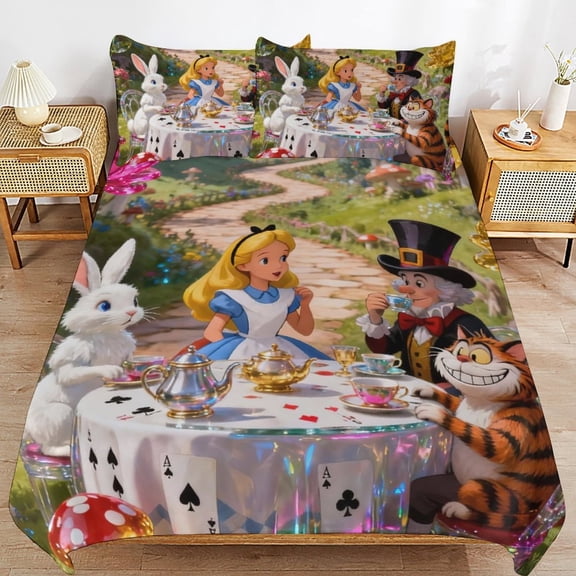 Alice in Wonderland 3-piece Bedding Set Queen Size,Kids Bedding Include 1 Duvet Cover and 2 Pillowcases for Girls Boys Women Men