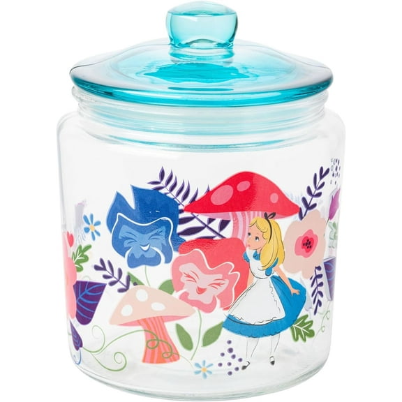 Silver Buffalo Alice in Wonderland Flowers and Mushrooms 6" Glass Jar W Lid