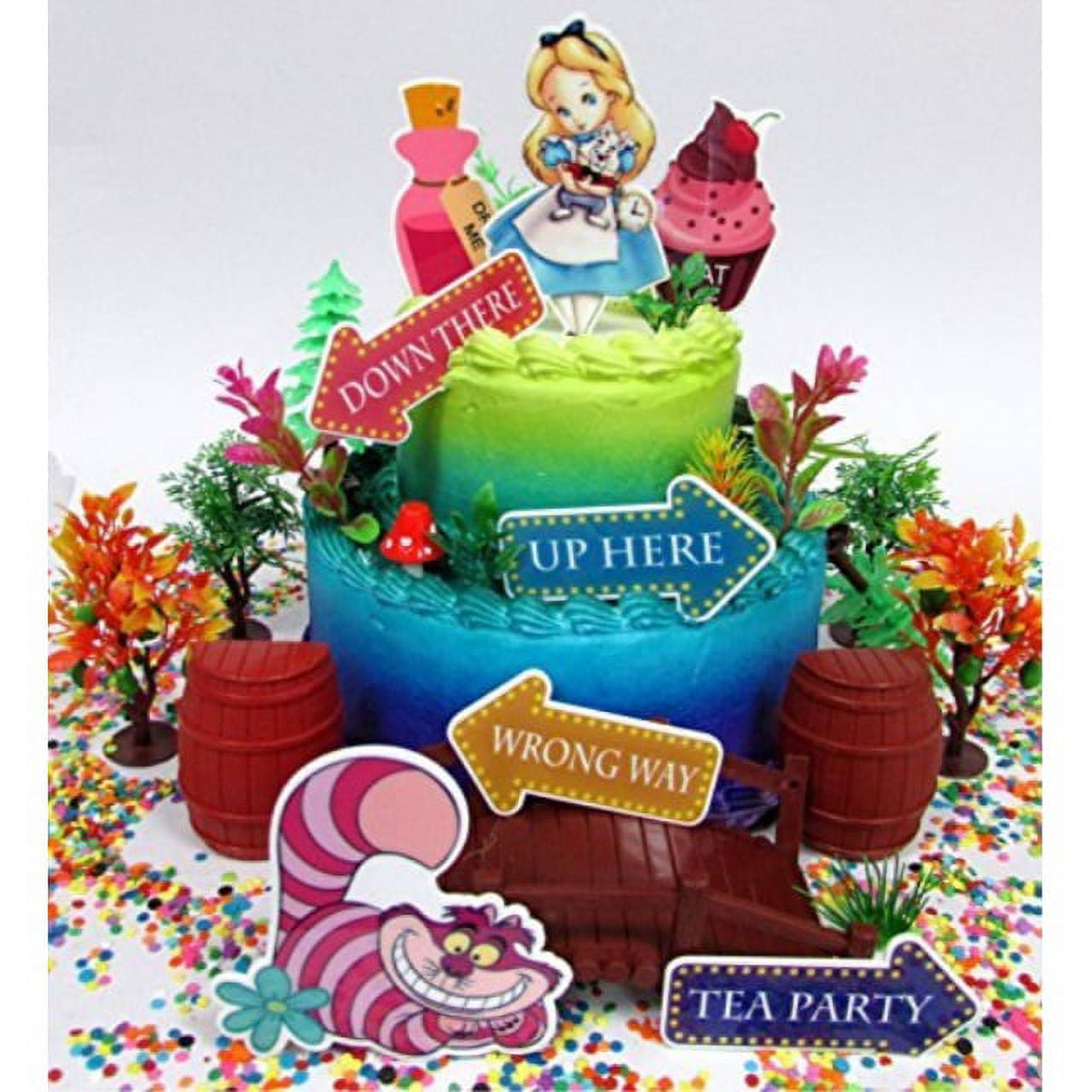 Alice in Wonderland Adventureland Birthday Cake Topper Set with Alice,  Cheshire Cat and Other Decorative Themed Accessories 