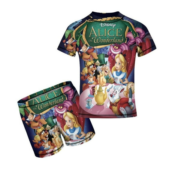 Alice in Wonderland Boys Two Piece Rash Guard Swimsuits Kids Short Sleeve Swimwear Sets Bathing Suit