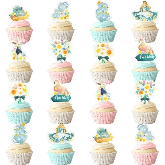 Alice in Wonderland Cake Topper Spring Easter Party Decoration, by Cheerland (16 Count)