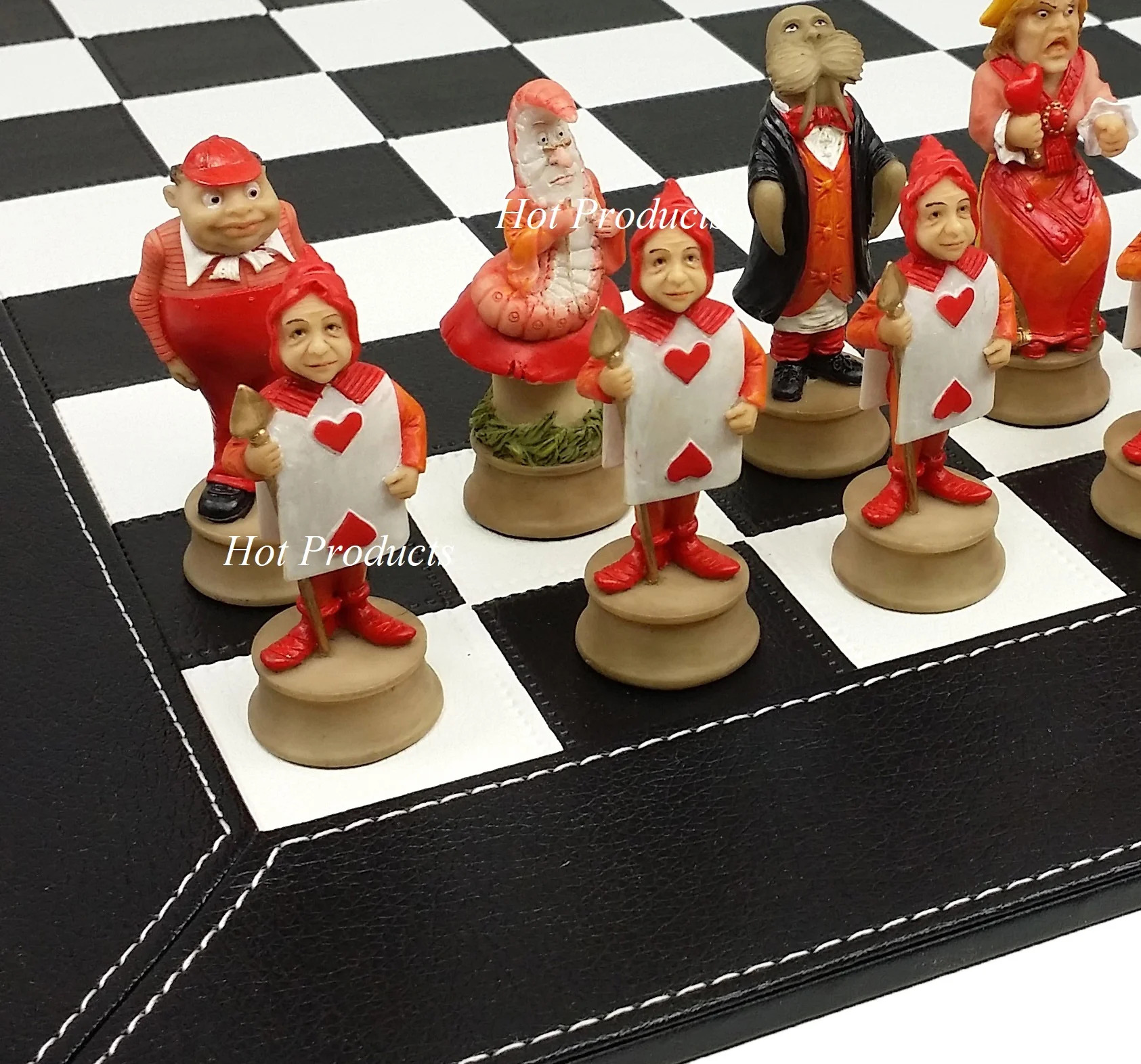 Alice In Wonderland Fantasy Chess Set W 18 Black Faux Leather Board 
