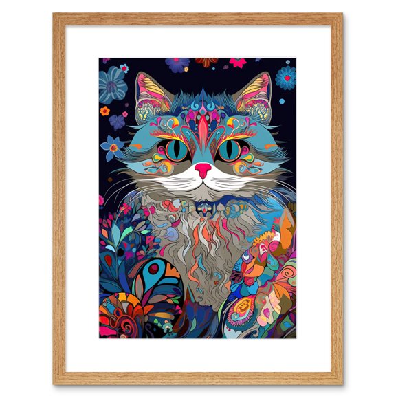 Alice in Wonderland Original Cheshire Cat Colourful Psychedelic Floral Pattern Artwork Framed Wall Art Print 9X7 Inch