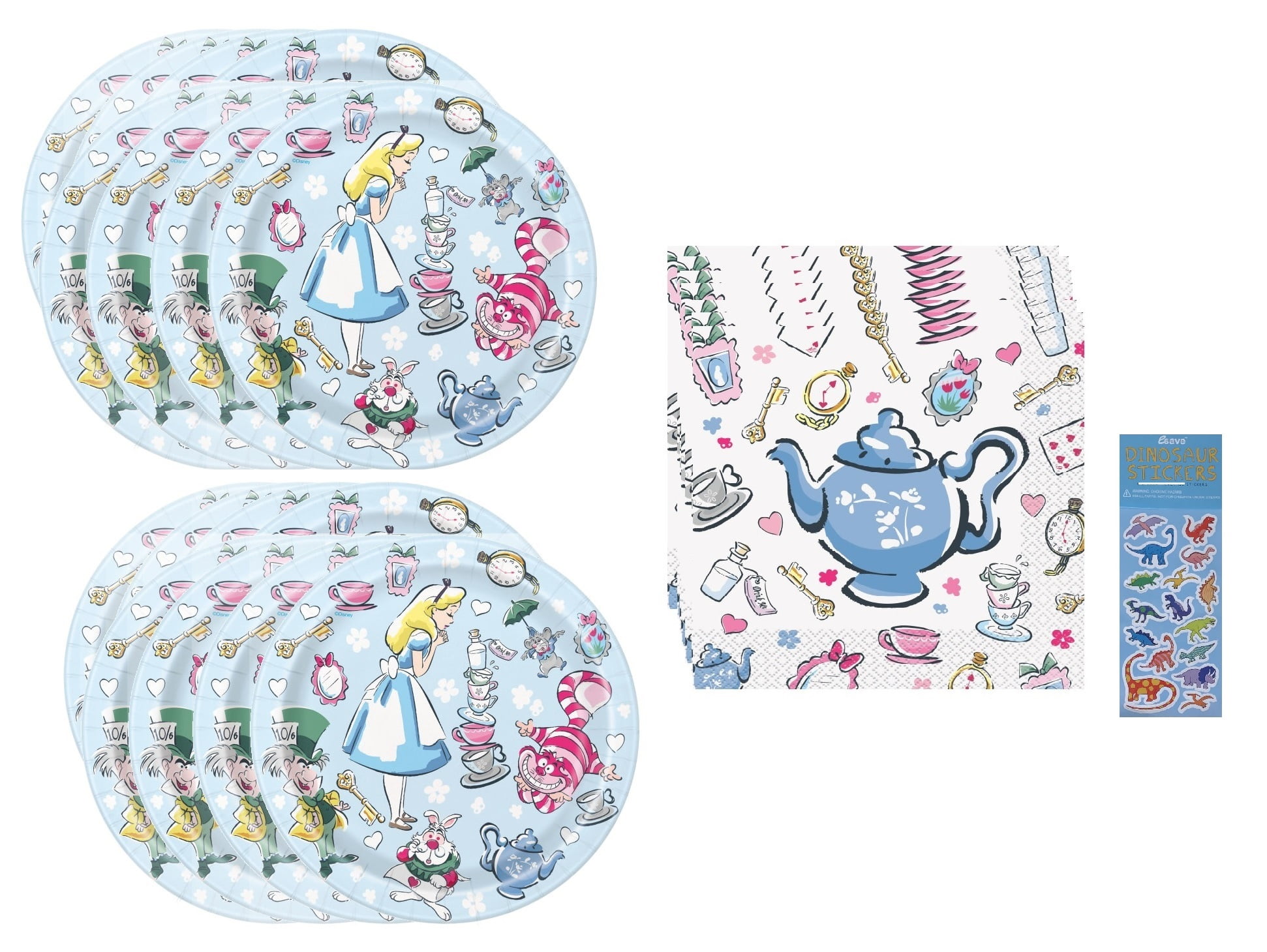 Alice in Wonderland Party Supplies Bundle for 16 Includes 16 Dessert Cake Plates and 16 Napkins