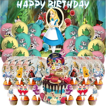 Alice in Wonderland Plates Tableware Balloons Party Supplies Cake Topper Banner Decorations Birthday Decor Banner Backdrop