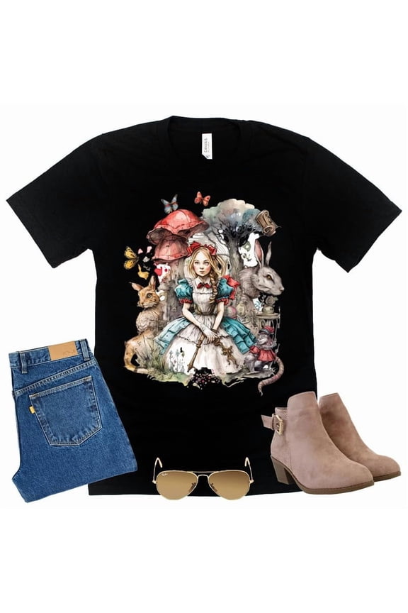Alice in Wonderland Shirt, Magic Kingdom Mad Tea Party Shirt Graphic Design Tee Tops (Black-Medium)