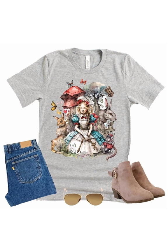 Alice in Wonderland Shirt, Magic Kingdom Mad Tea Party Shirt Graphic Design Tee Tops (Grey-Medium)