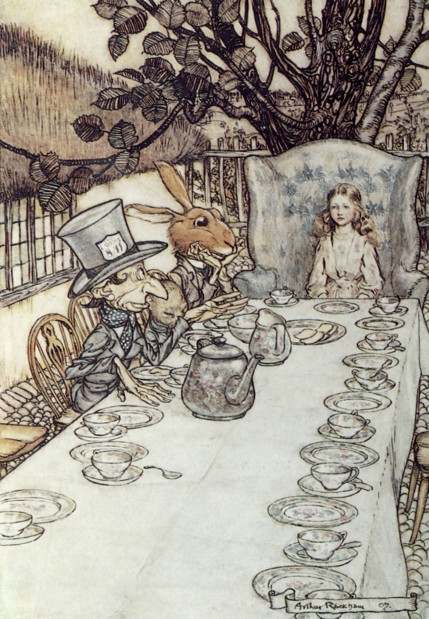 Alices Adventures in Wland 1907 Mad Hatters tea party Canvas Art - A Rackham (18 x 24)
