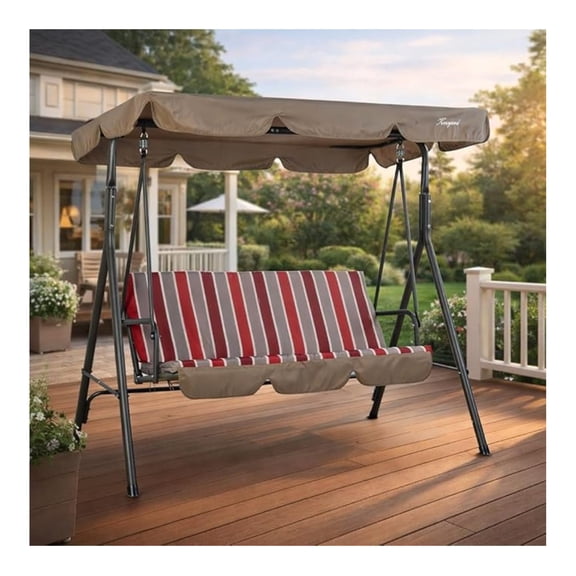 Alicia 3-Seat Patio , Outdoor Canopy with Steel Frame, Adjustable Canopy and Removable Cushions for Porch Patio Garden Poolside, Red Stripe