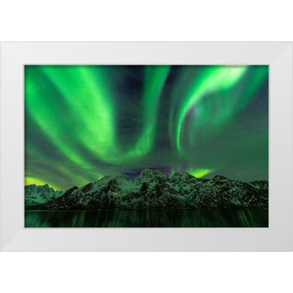 Alicke, Bjoern 14x11 White Modern Wood Framed Museum Art Print Titled - Lofoten Aurora Mountains