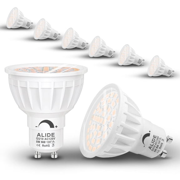 Alide Dimmable GU10 LED Bulbs, 50W Halogen Equivalent, 4000K Neutral White, 120 Wide Angle, 500lm, 6 Pack