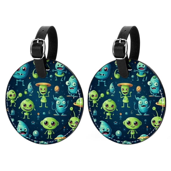 Alien 2pcs PU Leather Round Bag Tags with Privacy Cover and Name ID Tag - Suitcase Tags for Travel Luggage, Handbags, Backpacks, School Bags