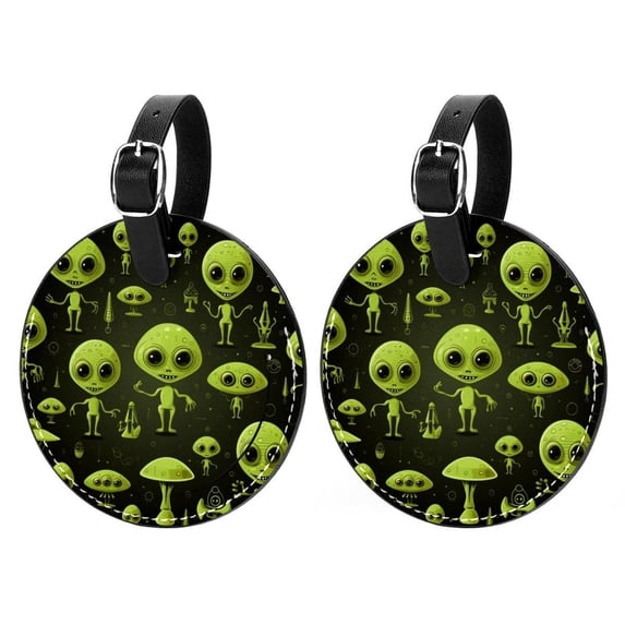 Alien 2pcs PU Leather Round Bag Tags with Privacy Cover and Name ID Tag - Suitcase Tags for Travel Luggage, Handbags, Backpacks, School Bags