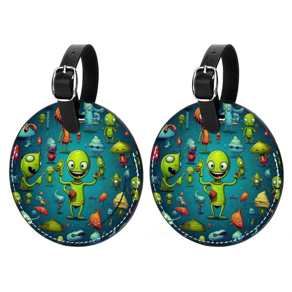 Alien 2pcs PU Leather Round Bag Tags with Privacy Cover and Name ID Tag - Suitcase Tags for Travel Luggage, Handbags, Backpacks, School Bags