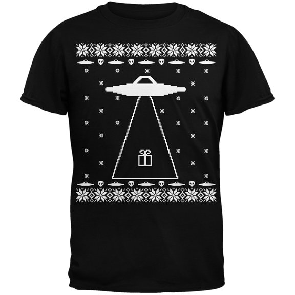 Alien Abduction Ugly Christmas Sweater Black Adult T-Shirt - 2X-Large