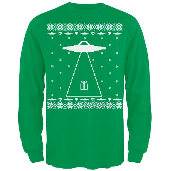 Alien Abduction Ugly Christmas Sweater Green Adult Long Sleeve T-Shirt - X-Large