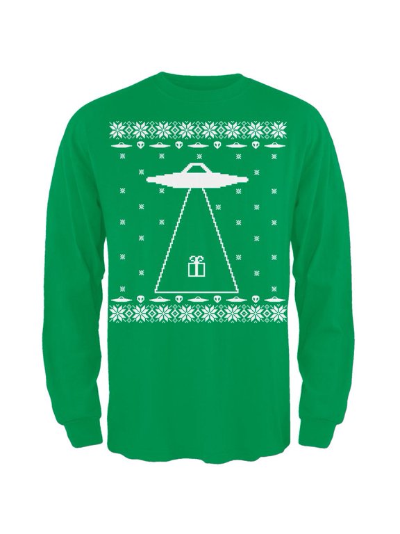 Alien Abduction Ugly Christmas Sweater Green Adult Long Sleeve T-Shirt - X-Large