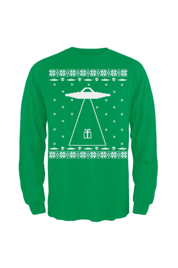Alien Abduction Ugly Christmas Sweater Green Adult Long Sleeve T-Shirt - X-Large