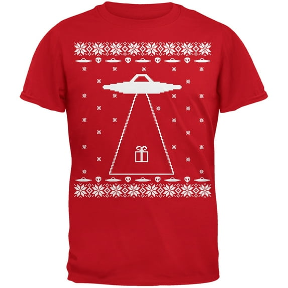 Alien Abduction Ugly Christmas Sweater Red Adult T-Shirt - 2X-Large