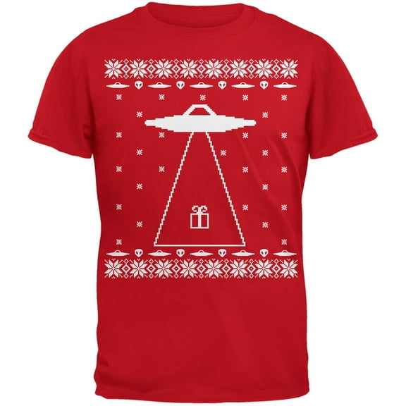 Alien Abduction Ugly Christmas Sweater Red Adult T-Shirt - X-Large
