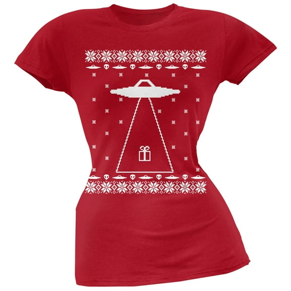 Alien Abduction Ugly Christmas Sweater Red Juniors T-Shirt - Small