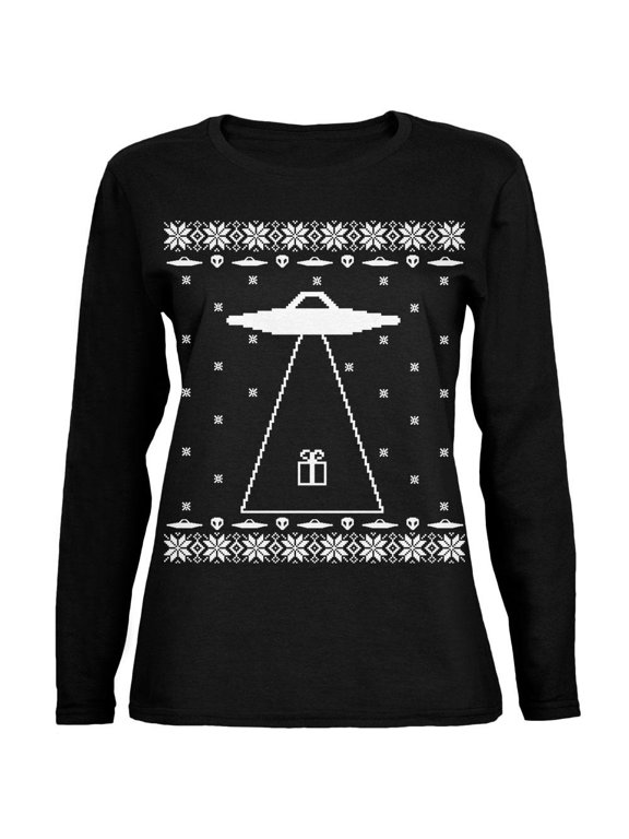 Alien Abduction Ugly XMAS Sweater Black Womens Long Sleeve T-Shirt - Large
