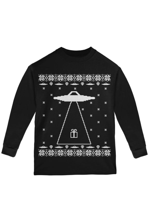 Alien Abduction Ugly XMAS Sweater Black Youth Long Sleeve T-Shirt - Youth Large