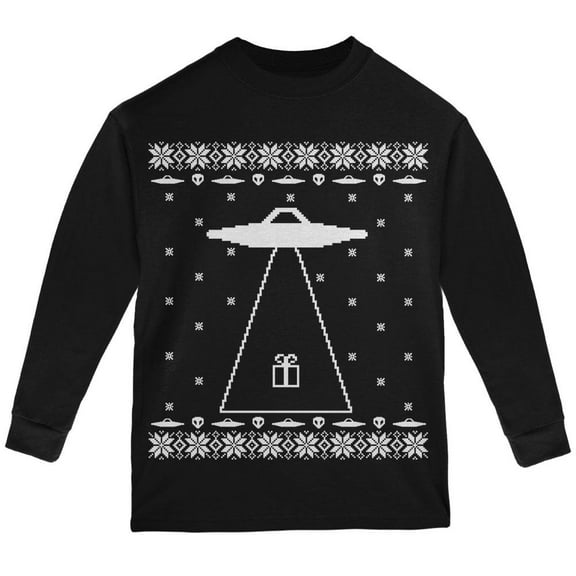 Alien Abduction Ugly XMAS Sweater Black Youth Long Sleeve T-Shirt - Youth Small