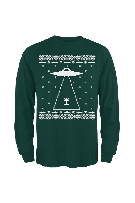 Alien Abduction Ugly XMAS Sweater Forest Adult Long Sleeve T-Shirt - Medium