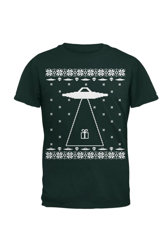 Alien Abduction Ugly XMAS Sweater Forest Adult T-Shirt - Large
